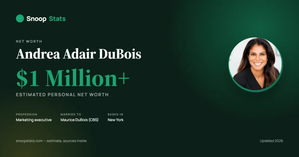 Andrea Adair DuBois net worth estimate graphic, with her photo