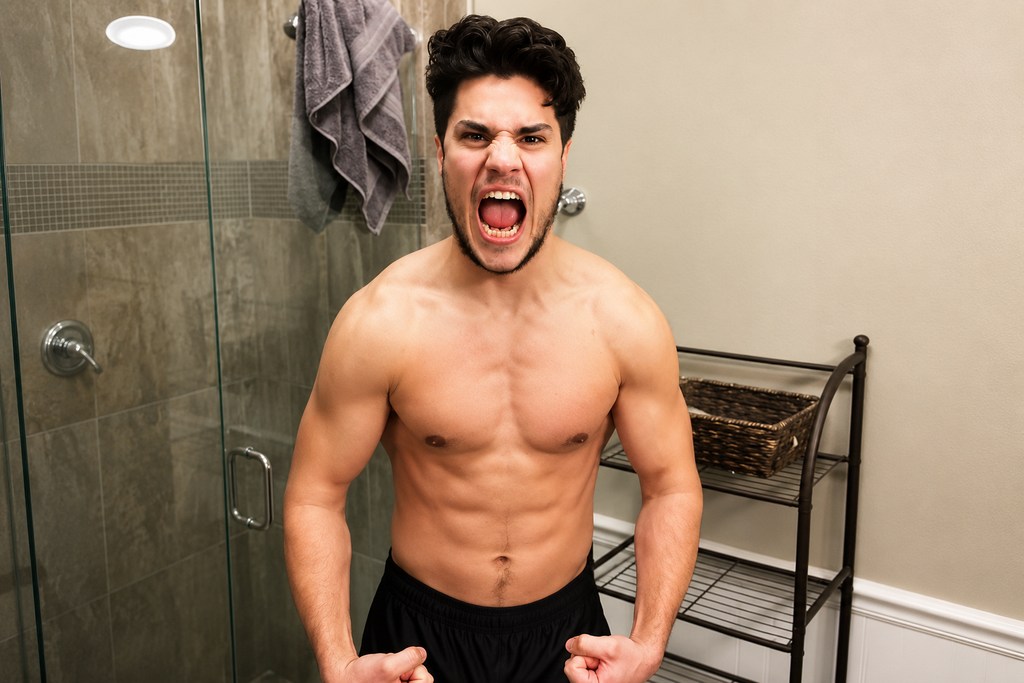 Muscular shirtless man posing with clenched fists in a bathroom