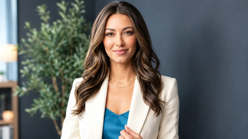 Lauren Jbara smiling in a professional portrait wearing a white blazer and blue top