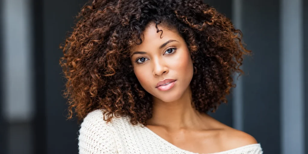 Lex Scott Davis portrait with curly hair wearing a cream sweater