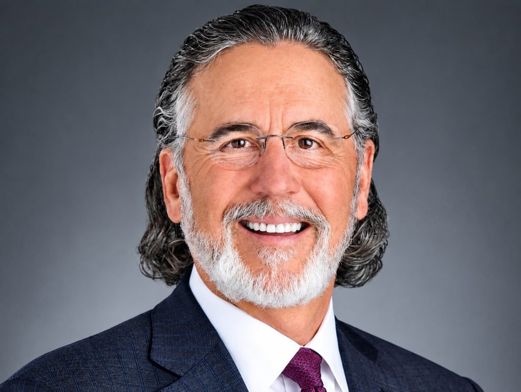 Arch Aplin smiling in a dark suit, white shirt, and red patterned tie.