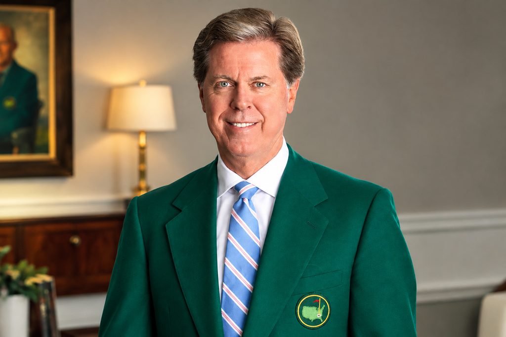 Fred Ridley wearing a green Masters blazer, white shirt, and blue striped tie.