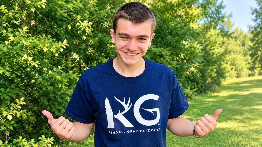Kendall Gray smiling outdoors wearing a blue Kendall Gray Outdoors T-shirt