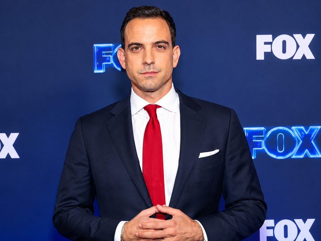 Trey Yingst wearing a navy blue suit, white shirt, and red tie at a FOX press event