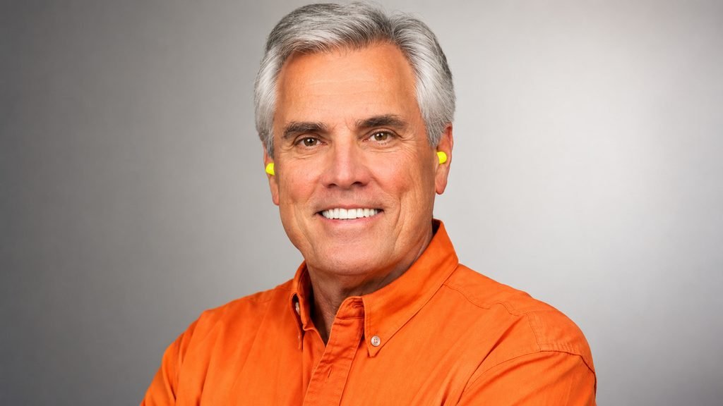 Verne Martell smiling in an orange shirt with yellow earplugs