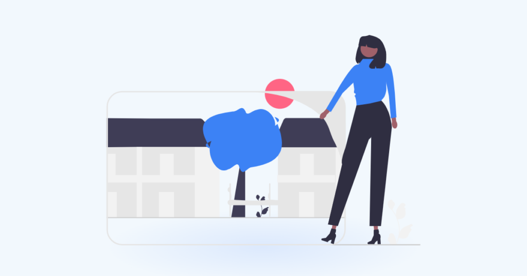 Attached vs Detached Family Home: woman standing beside a row of attached suburban houses and a tree