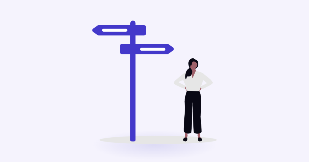 Contrast the difference between a Financial Emergency and Nonemergency: woman at a signpost deciding between two paths