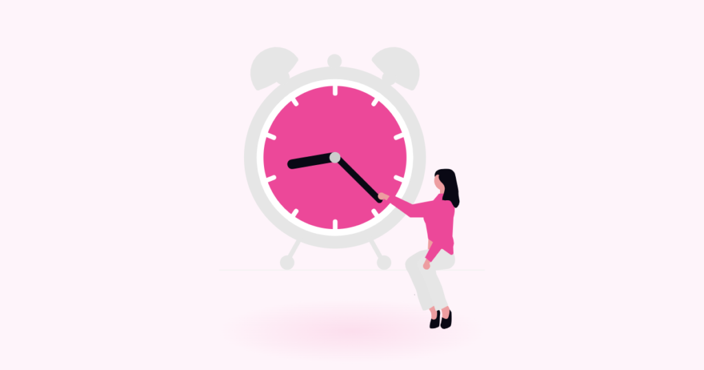 How Long Does It Take to Set Up an LLC? Woman adjusting a large alarm clock, illustrating the time it takes to set up an LLC