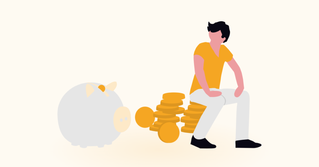 Man sitting on a stack of gold coins next to a piggy bank, illustrating how long retirement savings will last